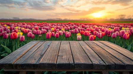 Empty wooden table top with colorful tulip field at sunset as backgroundの素材