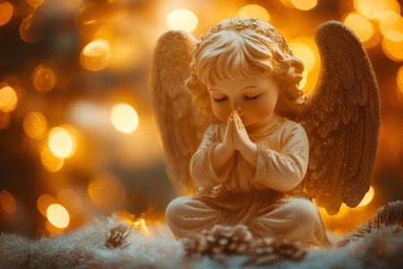 Christmas angel figurine praying with golden bokeh lights in the backgroundの素材