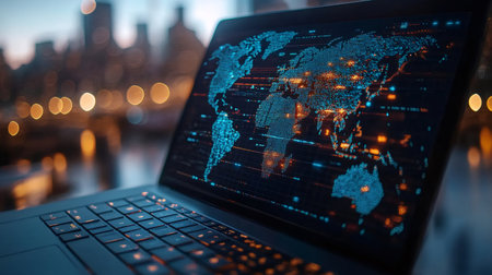 Futuristic digital data flows on the world map displayed on a laptop screen, suggesting global connectivity and information exchangeの素材