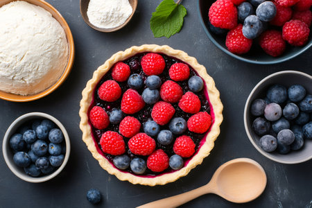 Freshly baked berry pie with raspberries and blueberries, flour, wooden spoon, and bowls of fresh berries, seen from aboveの素材
