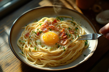Creamy spaghetti carbonara topped with a perfectly fried egg, crispy bacon, and fresh parsley, creating a delicious and comforting mealの素材