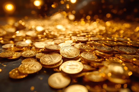 Gold coins glittering under warm light, symbolizing wealth, investment, and financial successの素材