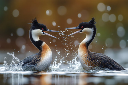 Two slavonian grebes splashing water at each other during mating ritualの素材