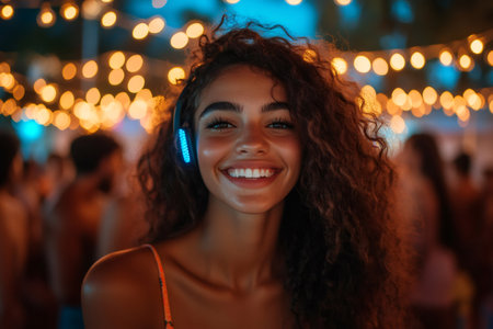 Happy young woman wearing led headphones, enjoying music at silent disco, surrounded by blurred crowd and festive lightsの素材