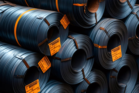 Stacked steel rolls with orange labels in a warehouse, highlighting industrial manufacturing and storageの素材