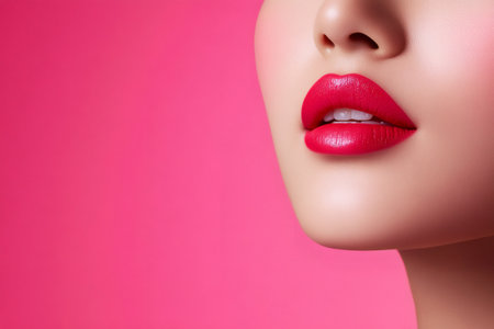 Close up of perfect female lips with vibrant red lipstick, highlighting beauty and cosmetics trendsの素材