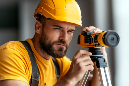 Surveyor working with theodolite, performing geodetic measurements on construction siteの素材