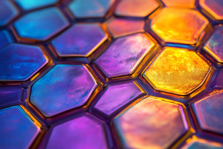 Abstract background showing iridescent hexagonal tiles forming a colorful honeycomb patternの素材
