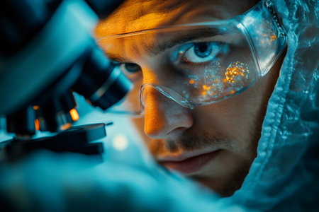 Scientist using microscope and wearing protective goggles analyzing virus for vaccine developmentの素材