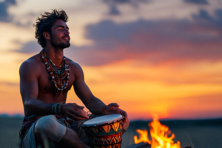 Shirtless tribal man playing djembe drum during a ritual at sunset near a bonfireの素材