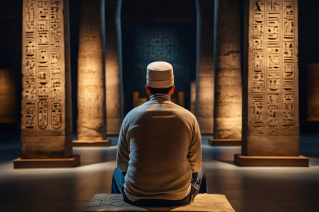 Rear view of religious man sitting and admiring Egyptian pillars with hieroglyphsの素材