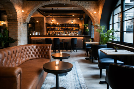 Warm lighting illuminates a stylish bar area, featuring exposed brick, a well stocked bar, and plush leather furniture, creating an inviting atmosphereの素材