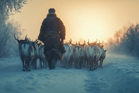 Indigenous herder guiding reindeer along snowy road at sunset in frosty winter landscapeの素材