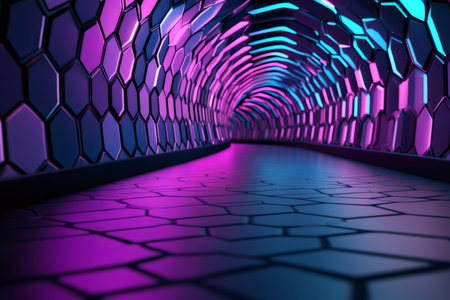 Hexagonal tunnel glowing with vibrant purple and blue neon lights, creating a futuristic and mesmerizing atmosphereの素材