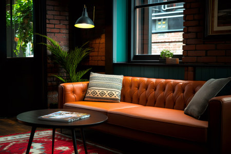 Cozy living room featuring an orange leather sofa, a coffee table, and a hanging lamp, creating a welcoming and stylish atmosphereの素材
