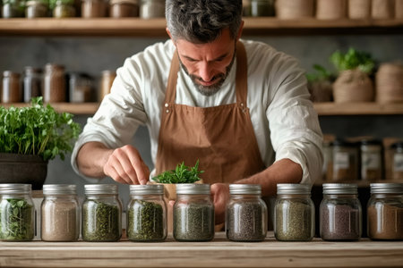 Male shopkeeper arranging fresh herbs and spices in glass jars on a wooden counter, promoting natural remedies and healthy lifestyleの素材