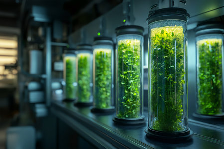 Glass cylinders containing algae cultures illuminated by a soft light in a laboratory setting for scientific experimentsの素材