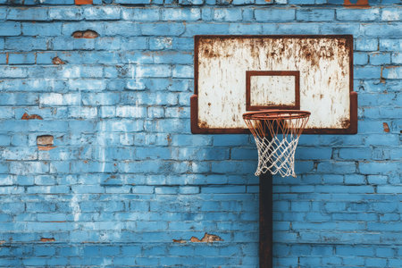 Rusty basketball hoop and backboard hanging on a grungy blue brick wall, evoking urban decay and nostalgiaの素材