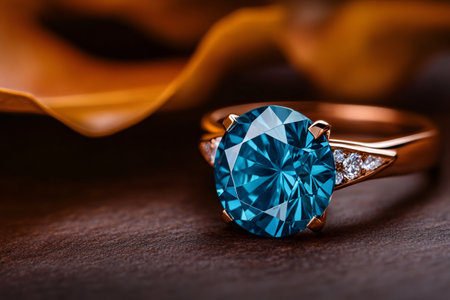 Rose gold ring with large london blue topaz gemstone shining on wooden surfaceの素材