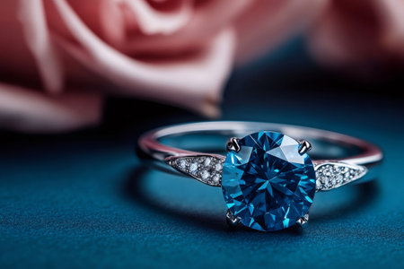 Silver ring with large blue gemstone and small diamonds lying on dark turquoise surface near blurred roseの素材