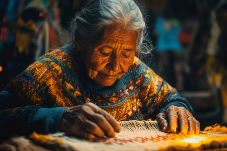 Elderly artisan meticulously weaves traditional textiles, her skilled hands preserving cultural heritageの素材