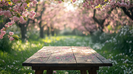 Wooden table showcasing falling cherry blossoms in a spring orchard, ideal for product placementの素材
