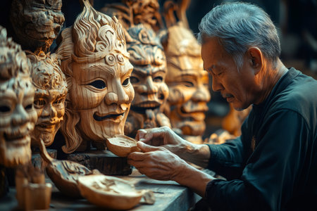 Senior craftsman carefully carving details of traditional wooden mask in his workshop, surrounded by other finished masksの素材