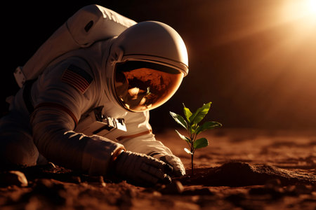 American astronaut planting a small sprout on a mars colonization mission, representing the beginning of life on a new planetの素材