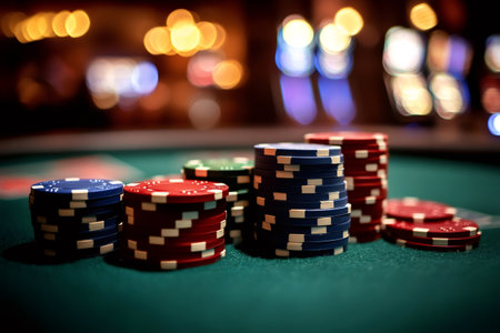 Poker chips stacked high on green felt table in casino, representing gambling, betting, and risk takingの素材