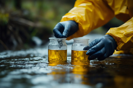 Ecologist taking samples of contaminated water from a stream for testing in the laboratoryの素材