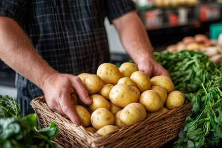 Close up of farmer holding wicker basket overflowing with freshly harvested potatoes, emphasizing farm fresh produceの素材