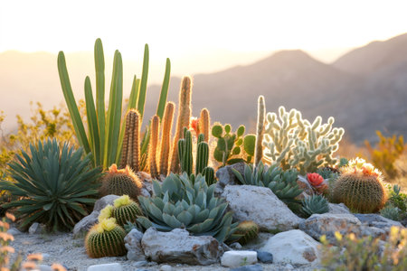 Various cacti and succulents thrive in a rocky desert landscape, illuminated by the warm glow of the setting sunの素材