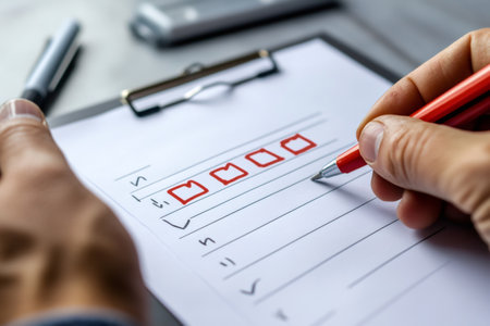 Close up of businessman using red pen marking completed tasks on checklist, showcasing efficiency and organization in business operationsの素材