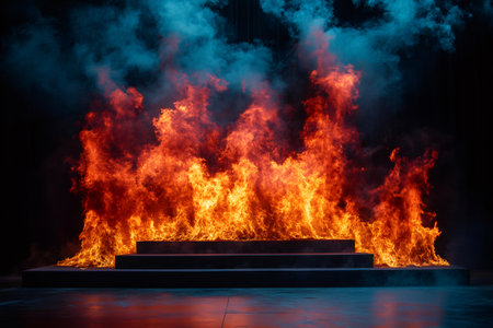 Large flames engulfing stone steps on a stage, creating a dramatic scene with smokeの素材