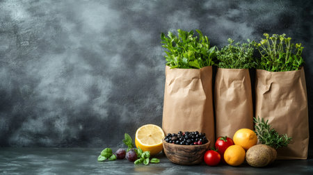 Fresh herbs in brown paper bags, along with colorful fruits and vegetables, promoting sustainable grocery shopping and healthy eating habitsの素材
