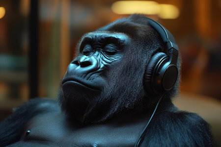 Relaxed gorilla listening to music on headphones, finding tranquility in the rhythm and melodyの素材