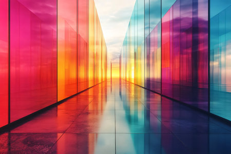 Vibrant glass panels create a colorful corridor reflecting on the wet pavement during a beautiful sunsetの素材