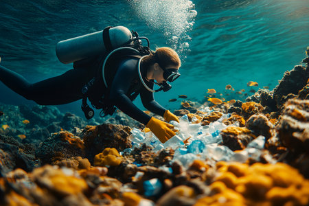 Woman scuba diver collecting plastic bottles on seabed covered with waste, showing environmental pollutionの素材