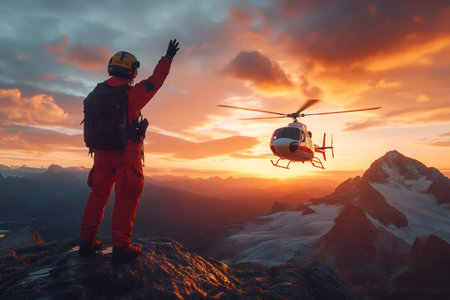 Rescuer waving at helicopter during a mountain rescue operation at sunsetの素材