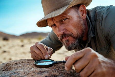 Geologist using magnifying glass exploring rock formation in the desert, conducting geological researchの素材