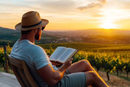 Young man enjoying a book in a vineyard at sunset, embracing the tranquility of natureの素材