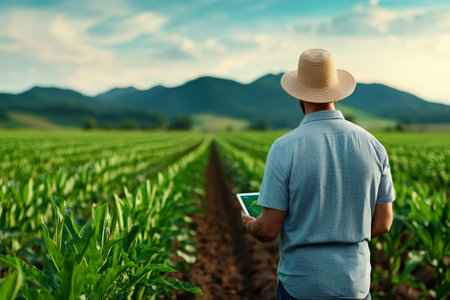 Farmer using digital tablet in corn field, controlling growth and development of cropsの素材