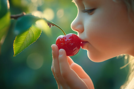 Child holding a fresh juicy cherry near her face, enjoying its sweet aroma in a sunlit gardenの素材