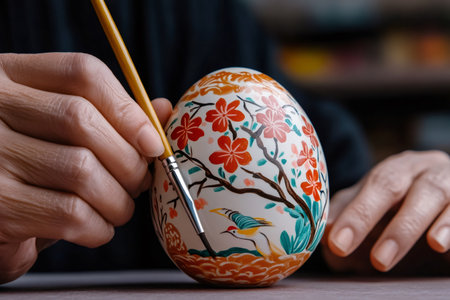Close up of artist's hands meticulously painting intricate floral designs and birds onto an easter egg, showcasing traditional craftsmanshipの素材