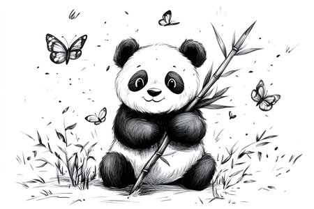 Adorable panda cub enjoying a bamboo stick in its natural habitat, surrounded by fluttering butterflies, creating a serene and heartwarming sceneの素材