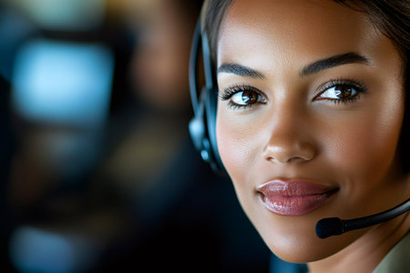 Young woman wearing headset working as a telephone operatorの素材