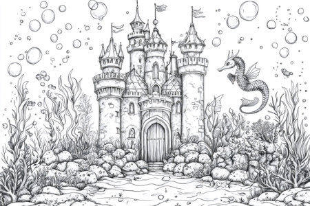 Hand drawn illustration of an underwater castle with seahorse, seaweed, rocks, and rising bubbles, creating a whimsical, fantasy sceneの素材