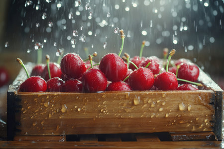 Ripe red cherries with stems are getting rinsed in a wooden crate, with water droplets splashing aroundの素材
