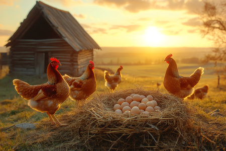 Free range chickens guarding their nest full of fresh eggs during a beautiful sunset, with a wooden barn in the backgroundの素材