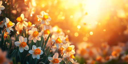 Beautiful white and orange daffodils blooming in warm spring sunlightの素材
